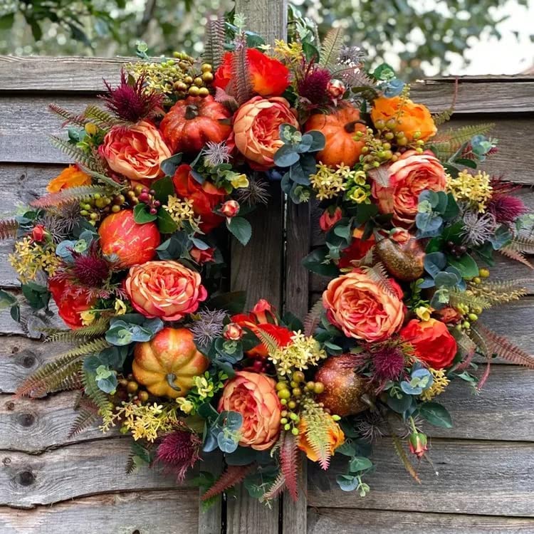 Amazon.co.jp: Fall Peony and Pumpkin Wreath - Autumn Year Round